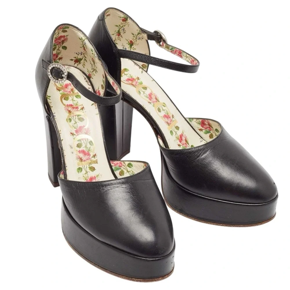 GUCCI Black Leather Agon Mary Jane Platform Pumps 37 - Picture 2 of 8